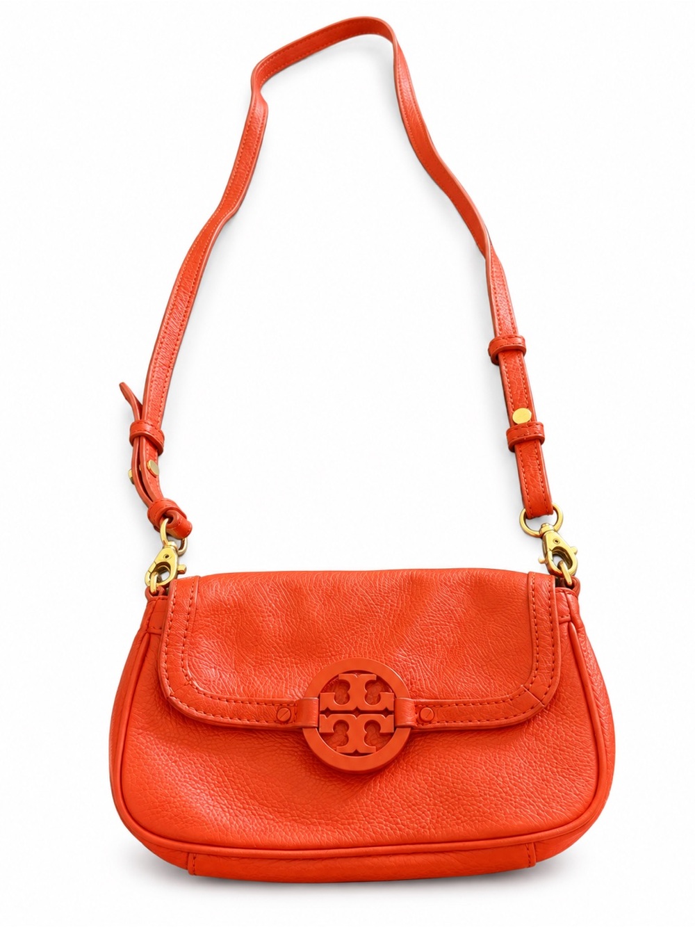 Tory Burch Orange Pebbled Crossbody Bag Tonal Logo Adjustable Strap